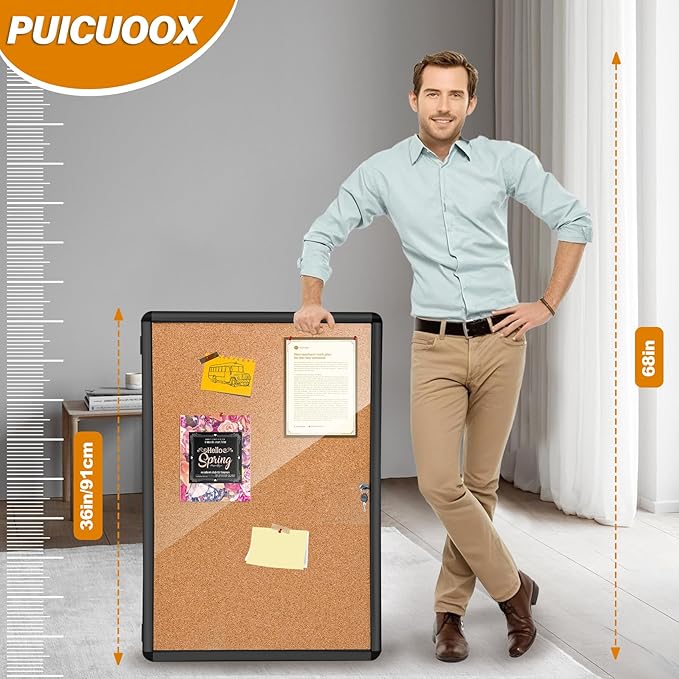 36"x24" Outdoor Enclosed Bulletin Board with Locking Door,Outdoor Bulletin Board Weatherproof Aluminum Frame,Shatter-Resistant Tamper-Proof Display Board Case Cork Board for School, Office, Park