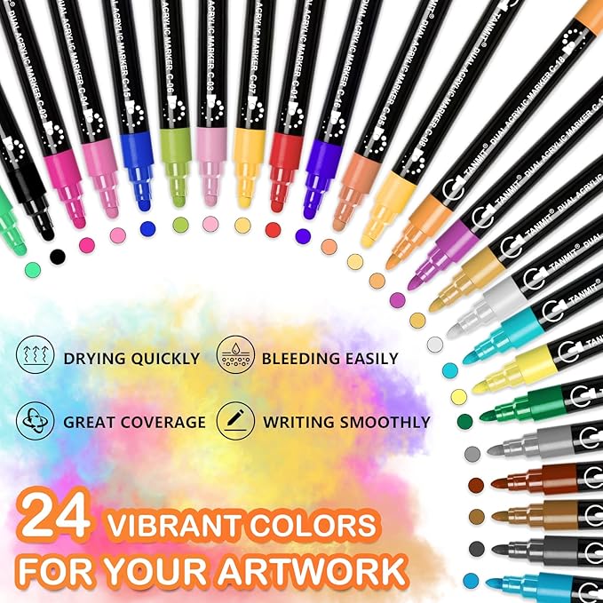 TANMIT Acrylic Paint Pens Markers, 24 Colors Dual Tip Acrylic Paint Pens for Rock Painting, Wood, Canvas, Stone, Glass, Ceramic Surfaces, DIY Crafts Making Art Supplies (Round Tip and Fine Tip)