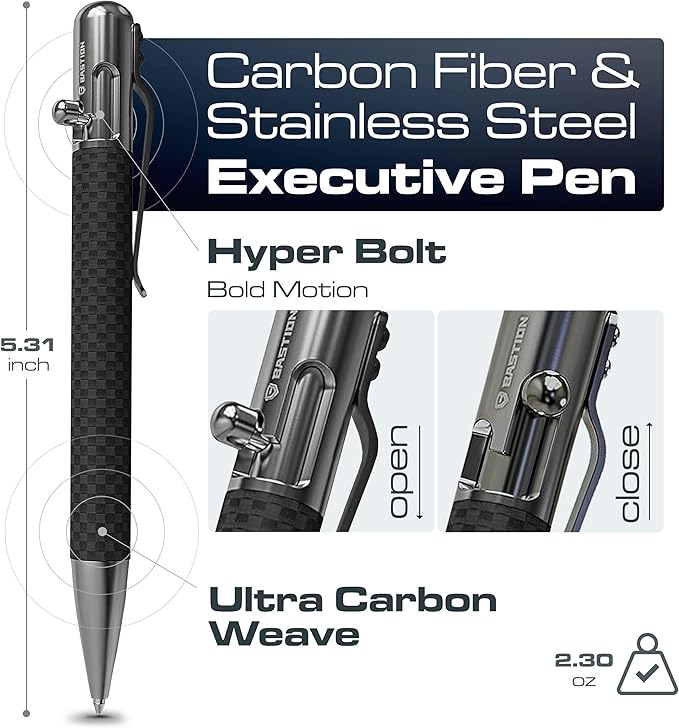 BASTION Luxury Executive Bolt-Action Ballpoint Pen for Men & Women | Ink Refillable Retractable Office Business Writing Pen | Glass Breaker Metal Self-Defense EDC (Carbon Fiber/Stainless Steel)