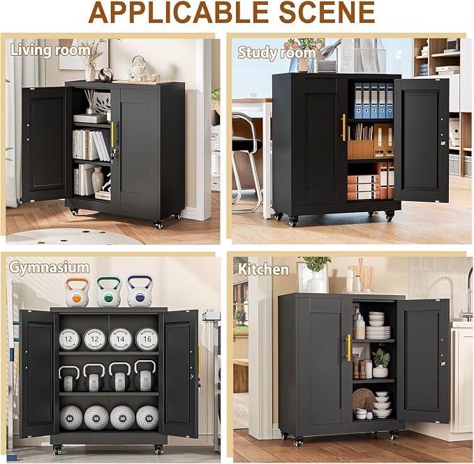 36" Metal File Garage Storage Cabinet with Lock and Wheels,Rolling Steel Locker Organizer,Office File Cabinet with 2 Doors and 2 Adjustable Shelves,Tool Cabinets for Home Office,Gym,School (Black)