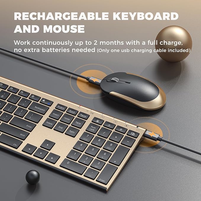 Vssoplor Wireless Keyboard and Mouse, Rechargeable Ultra Slim, Black Gold | Quiet Full-Size Keyboard and Mouse Combo Set, for Laptop, PC, Notebook, Desktop, 2.4GHz Stable Connection, Ideal for Office