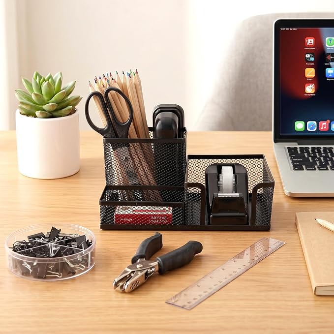 Black Office Desk Accessories, 9 Pcs Desk Organizers and Accessories with Mesh Pen Holder, Stapler, Tape Dispenser, Hole Punch, Office Supplies Set for Office Home School Women Students Gift