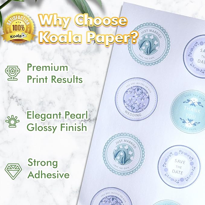 Koala Round Labels 2 Inch - 240 Pearl Glossy White Printable Circle Stickers for Inkjet & Laser Printers, DIY Jar, Party Favor, Thank You Labels