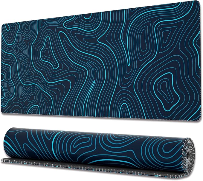 Ovenbird Gaming Mouse Pad with Stitched Edges, Topographic Map Blue Extended XL Mousepad with Anti-Slip Base, Cool Large Mouse Pad for Desk, 31.5 x 11.8 in, Blue