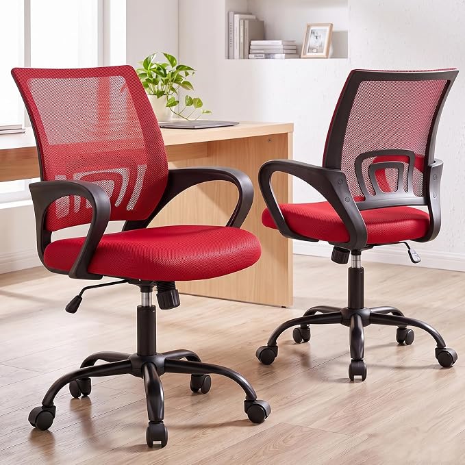 DUMOS Ergonomic Office Chair, Mid-Back Executive Desk Chair 2 Pack | Comfortable Lumbar Support, Breathable Backrest, Fixed Armrest, Height Adjustable, 360° Swivel, Computer Gaming, Red