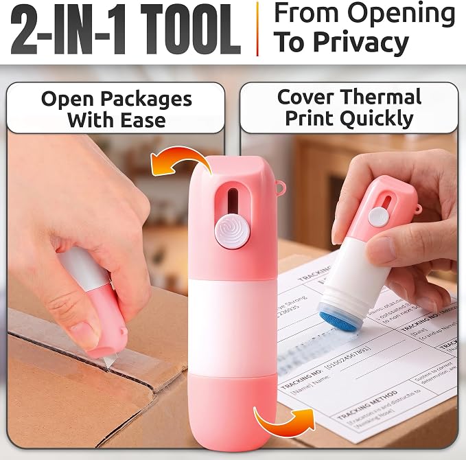 2 Pcs Water-Based Thermal Paper Eraser Pen with Mini Box Cutter Blue & Pink - Thermal Label Eraser, Liquid Redacting Marker for Covering Thermal Print on Receipts, Shipping Labels & Bills for Labels