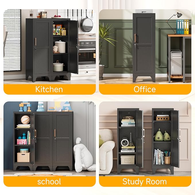 46"H Black Metal Locker with 1 Lockable Door and 2 Adjustable Shelves For Employees, 3 Tier Small Storage Cabinet with Detachable Legs and Vintage Handle for Kitchen,Office,Gym,School,Easy Assembly