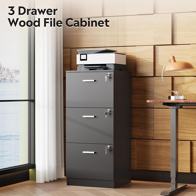 DEVAISE 3 Drawer Wood File Cabinet with Lock for Letter and A4 Size | Wooden Vertical Filing Cabinet, Home Office Filing Organizer, Printer Stand, Black