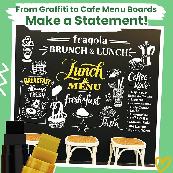 Chalkola 15mm Jumbo Washable Car Window Markers | White, Black, Gold Silver | 4, 15mm Chalk Pens - Safe Erasable Liquid Paint Chalk Markers for Blackboard Chalkboards, Glass Board, Auto Mirror
