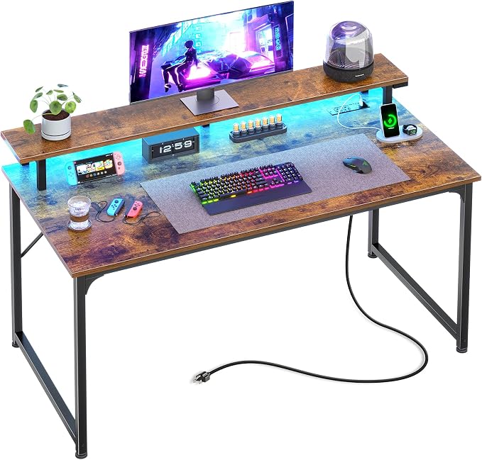 40 inch Gaming Desk, LED & Outlets, Monitor Stand, Rustic Brown | Sturdy PC Desk for Home Office, Study & Work, LED Lights, 4 AC Outlets & USB-C Charging Station