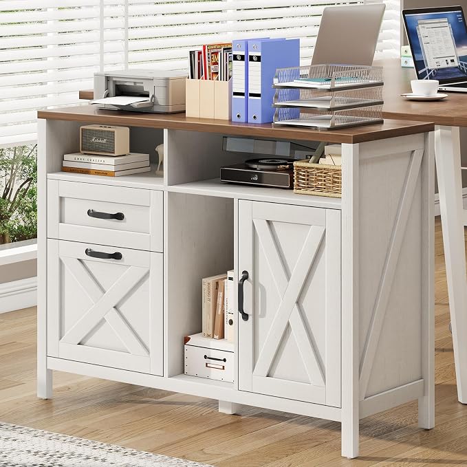 Befrases Farmhouse File Cabinet with Doors, Lateral Filing Cabinet with 2 Drawers for Letter/A4 Size Hanging Files, Large Wooden Printer Stand with Open Shelf for Home Office, Rustic White