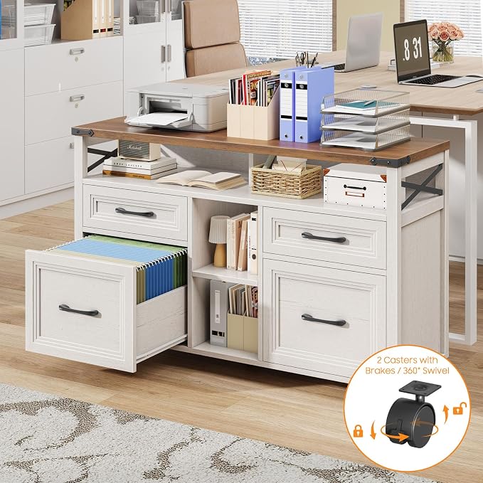 Halitaa Farmhouse Filing Cabinet with Adjustable Shelf & Wheels, Off White | Lateral File Cabinets, Office Storage Cabinet with 4 Drawers, Open Storage Space, for Hanging Files A4/Letter for Home Office