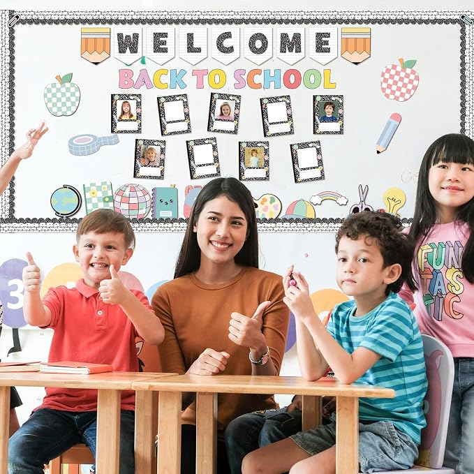 Mooliwe 89 Pcs Composition Notebook Classroom Decor Welcome Back to School Frame Bulletin Board Set First Day of School Composition Notebook Frame Cutouts for Teachers Chalkboard Home Decor