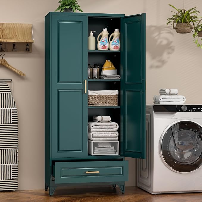 75" Tall Metal Kitchen Pantry Cabinet, Storage Cabinet with Doors | Kitchen Cabinet with Drawer & 3 Adjustable Shelves, Tall Food Pantry, Cupboard for Kitchen, Dining Room, Garage & Office