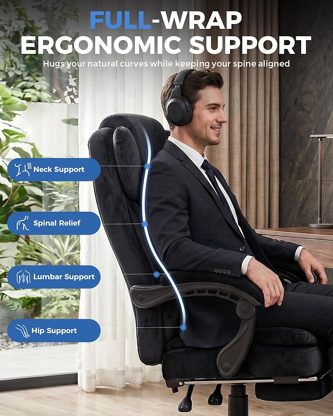 GTPLAYER Big and Tall Office Chair with Pocket Spring Cushion & Ergonomic Lumbar Support for Lower Back Pain Relief, High Back Computer Gaming Chair with Foot Rest, Soft Velvet Fabric, Black