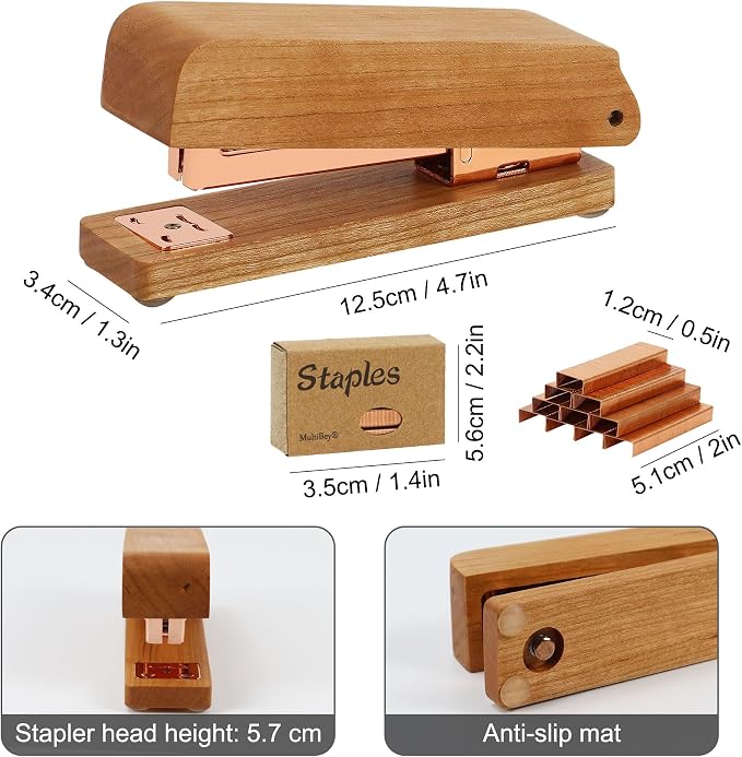 MultiBey Natural Cherry Wood Desk Stapler - 25 Sheet Capacity | Jam-Free Desktop Stapler with 1000 Staples, Retro Woodgrain Stapler Desk Accessories for Office, Home