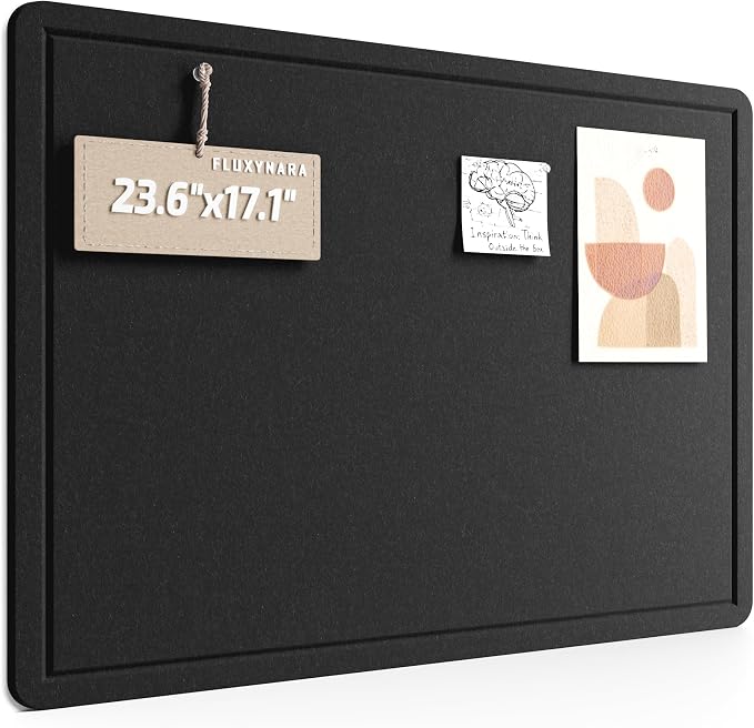 Fluxynara 23.6" x 17.1" Bulletin Board, Black | Cork Board Alternative with 12 Removable Adhesive Tabs, Foldable Felt Pin Board for Home, Office, Classroom & Dorm