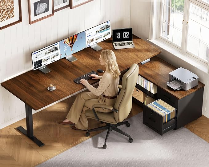 71" L Shaped Electric Standing Desk with Cabinet Sets, Walnut/Black | Mobile Drawers & File Cabinet Sets for Flexible Layout, Height Adjustable Executive Stand Up Desk for Home Office Workstation