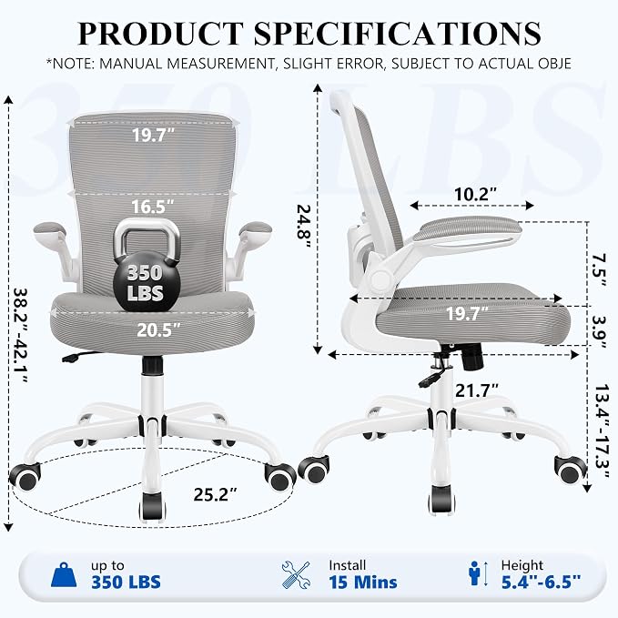 FelixKing Office Chair, Ergonomic Desk Chair Breathable Mesh Chairs Adjustable High Back Lumbar Support Flip-up Armrests, Executive Rolling Swivel Comfy Computer Chairs Home Office Gray