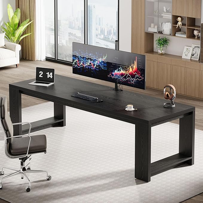 Tribesigns 2 Person Desk Set of 2, 86.6 Inches Extra Long Desk, Two People Computer Writing Table, All Wood Large Desks Workstation for Home Office, Black