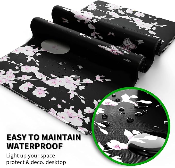 Japanese Sakura Cherry Blossom Pink Black Mouse Pad Large with Coaster, 35.4"x15.7" Full Desk Mousepad Stitched Edges Non Slip Base Desk Pad Extended Large Gaming XXL Mouse Pad for Desk Office Home