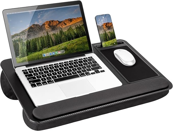 LAPGEAR Home Office Pro Lap Desk - Black Carbon, Fits 15.6” Laptops | Built-In Mouse Pad & Phone Slot, Wide Cushioned Wrist Rest, Dual-Bolster Microbead Cushion, Carry Handle