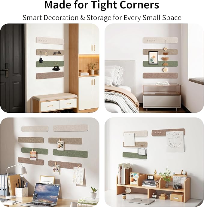 Small Cork Board Strip for Office, 1/2'' Corkboard Strips for Walls | Self Adhesive, Peel and Stick, Frameless, Renter Friendly, Removable, Wall Decor, 1700g/m² Dense Felt, 12*2'', 8Pcs, 50 Pins