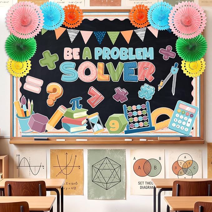 71 Pcs Boho Math Bulletin Board Decorations with Paper Fans 3D Be a Problem Solver Classroom Bulletin Board Math Symbols Cutouts for Back to School Preschool Office Door Wall Decor Supplies