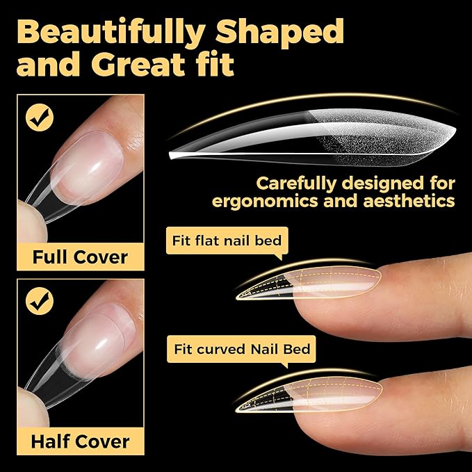 UNA GELLA Medium Stiletto Nail Tips, Pre Etched Stiletto Press on Nails, 240Pcs Clear Soft Gel Nail Tips Full Cover Fake Nails for DIY Art Salon At Home 12 Sizes