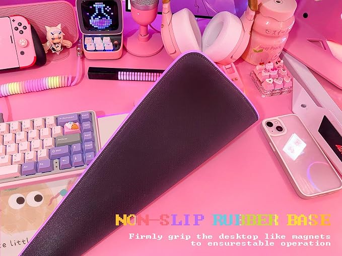 JMIYAV Pink RGB Gaming Mouse Pad 31.5x12 Inch Cute Mousepad PC XL Large Extended Glowing Led Light Up Desk Pad Non-Slip Rubber Base Computer Mat Desk Accessories Gaming Setup Party Puffs
