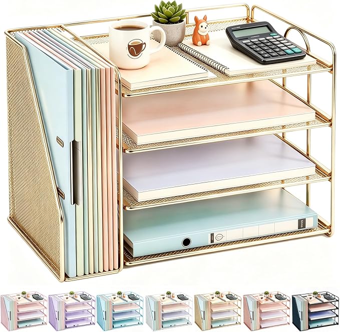 gianotter 4-Tier Paper Organizer With Magazine Holder | Desk Organizers and Accessories, File Organizer for Office Supplies Storag (Gold, 4-Tier)