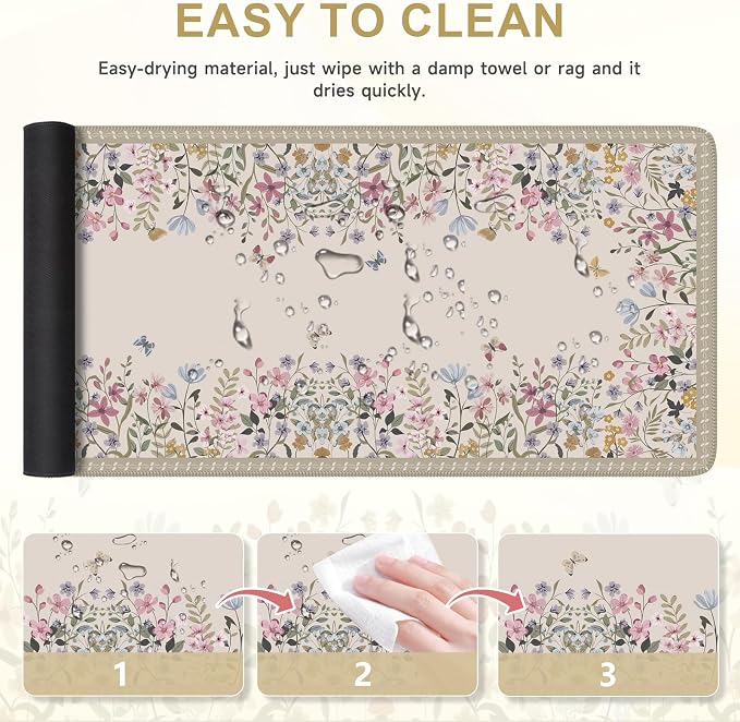iCasso Floral Desk Mat,Cute Gaming Mouse Pad,Beige | Anti-Slip Desk Matt for Desktop,Soft Lycra Surface Computer Mat Women Girly for Home Office