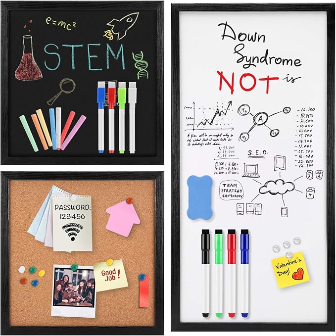 3 in 1 Combination Board 3 Pack, Natural Black Wood Frame, 12"x12", 24"x12" | Freely Mountable Set Includes Dry Erase Whiteboard, Chalkboard & Cork Bulletin Board for Home & Office
