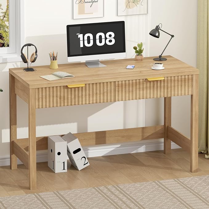 47 Inch Small Fluted Computer Desk with 2 Drawers for Bedroom, Home Office | Small Computer Desk with Storage, Compact Writing Study Desk for Small Spaces, Oak