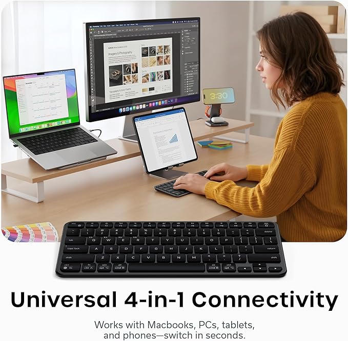 Satechi Slim EX1 Wireless Keyboard, Compact Keyboard for Mac, Windows, Android, Multi-Device 4-in-1 Connectivity (3X Bluetooth + 2.4GHz), Instant OS Remap, USB-C Rechargeable Battery, Space Black