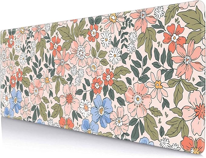 Pink Blue Floral Desk Mat Cute, XL Green Leaf Flowers Extended Mousepad, Non-Slip Rubber Base Stitched Edge Large Mouse Pad Desk Pad for Women Gamer Office,Computer Accessories,31.5 X 11.8 in