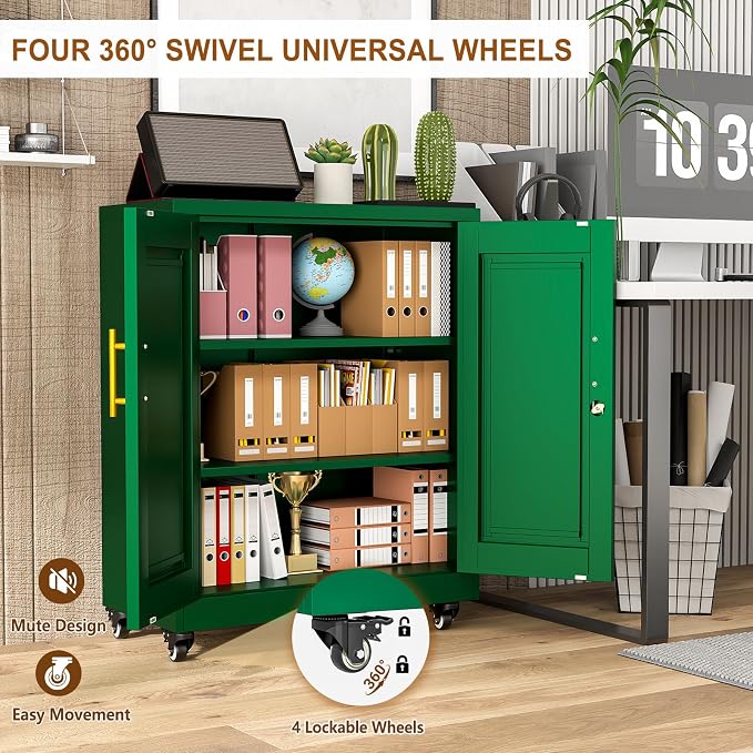 36" Metal File Garage Storage Cabinet with Lock and Wheels,Rolling Steel Locker Organizer,Office File Cabinet with 2 Doors and 2 Adjustable Shelves,Tool Cabinets for Home Office,Gym,School (Green)