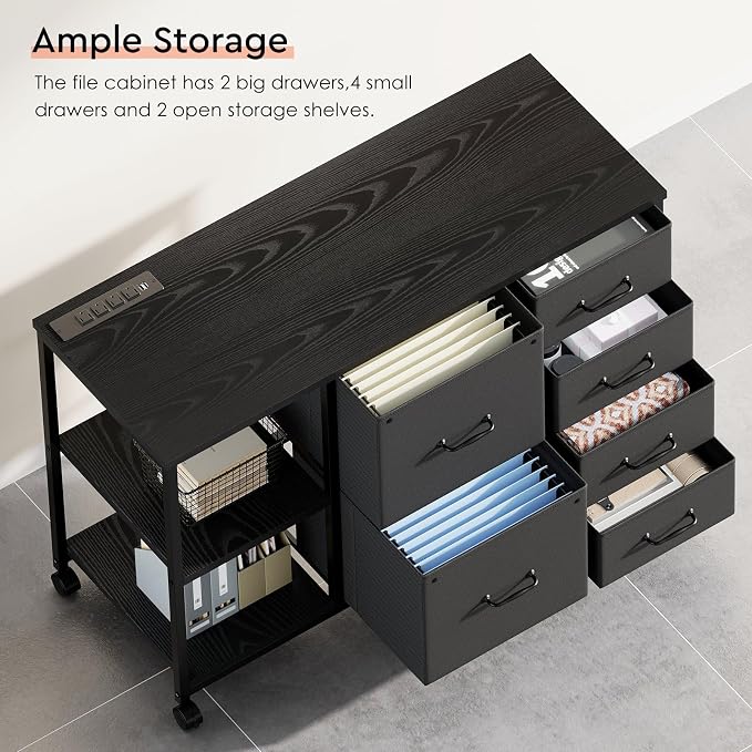 6 Drawer File Cabinet with Charging Station and Open Storage Shelf, Black