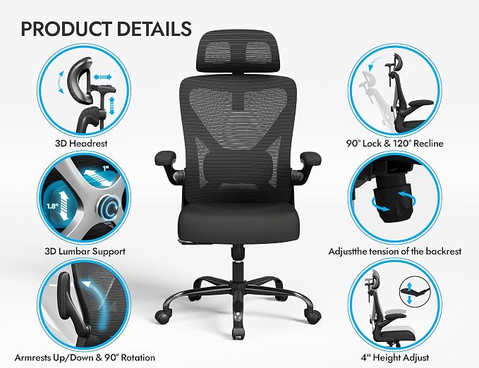 Ergonomic Office Chair: Mesh Desk Chair Comfy with Headrest& Lumbar Support | Ergalithic Big and Tall Office Chairs with Wheels & Flip-Up Arms-Computer Gaming Chairs for Adults (Black-Pack of 8)