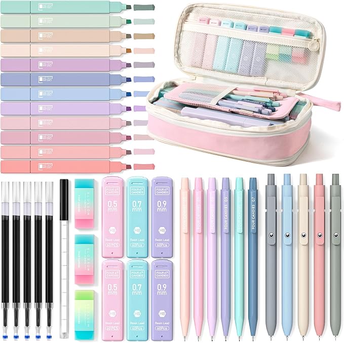 Four Candies School Supplies with Cute Pencil Case, 39ct, Pink | Back to School Stationery Set, Essentials for College & Nursing Students, 5 Gel Pens, 6 Mechanical Pencils, 12 Highlighters