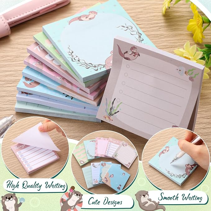 9 Pads Otter Sticky Notes, 3x3 Inch Cute Stick Notepads | Adhesive Memo Notes Pad, Coworker Gifts, Office Supplies Decor, Desk Accessories for Students, Teacher, Meeting