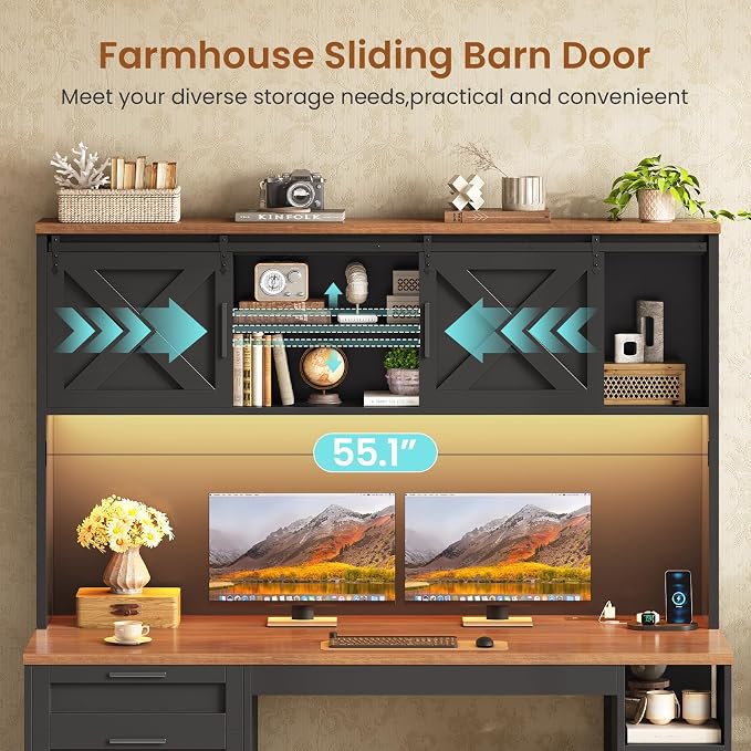 SEDETA 55.1" Farmhouse Desk with Hutch & 3 Storage Drawers | Executive Computer Desk with Storage Cabinet and Shelves, Home Office Desk with power outlet & LED Lights, Black and Brown