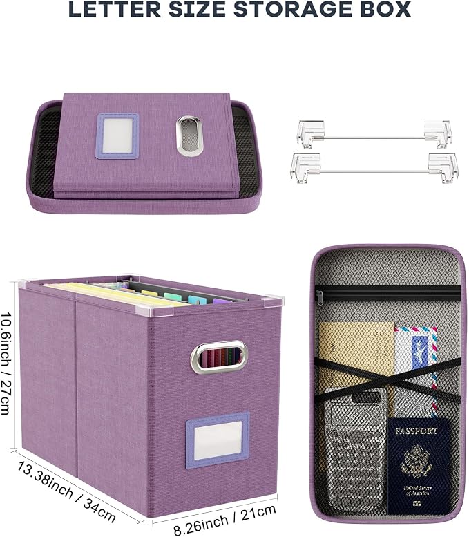 File Organizer With Lid, Hanging Filing Box With Mesh Pocket, Document Organizer for Letter Files, Portable Storage for Office & Home (2 PCS, Taro Purple)