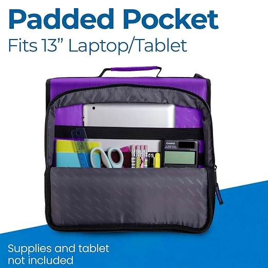 Case-it School Zipper Binder | 2" O-Rings | 400-Sheet | LT-007 Deep Purple | Universal, 13-Inch Laptop/Tablet Padded Pocket, Multiple Storage Pockets, Shoulder Strap, School & Office Organizer