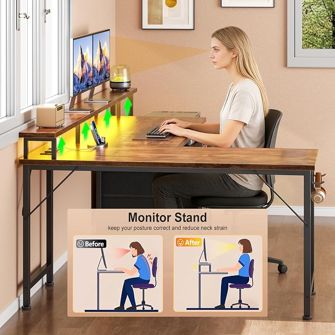 Korfile 66'' L Shaped Computer Desk with Storage Drawers, Power Outlet, LED | Large Office Desk with Host Stand, Reversible Corner Design for Gaming, Work, Home Office, Study Room, Bedroom