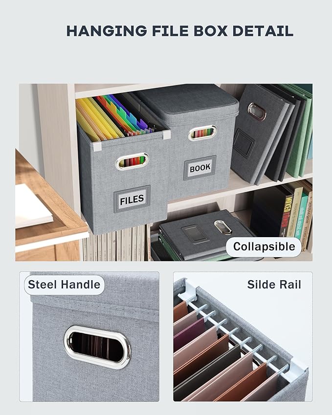 File Organizer Box with Lid, Hanging Filing File Box with Mesh Pocket, Document Organizer Box for Letter Files, Portable Storage Box with Smooth Sliding Rail for Office&Home(1 PCS, Grey)