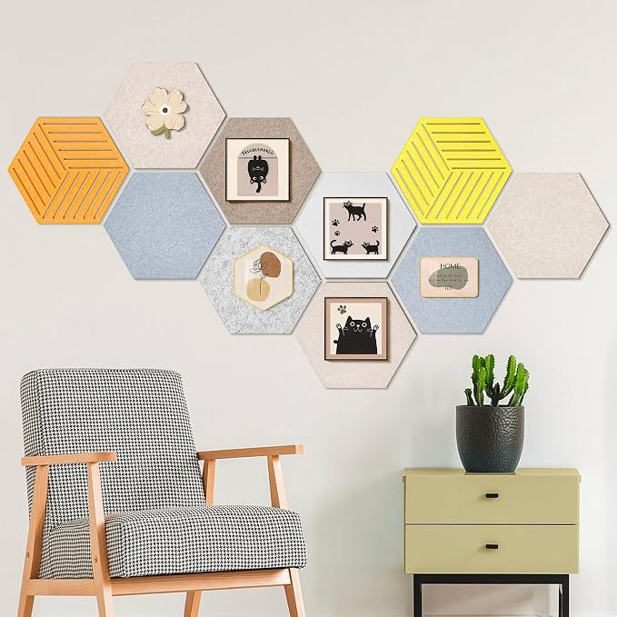 Hexagon Felt Bulletin Cork Board Tiles Peel and Stick, 10 Pack | 1300g/m² Dense Polyester Fiber, Self-adhesive, Frameless, Modern, Modular Wall Decor, 12 x 10 inch, 30 Push Pins