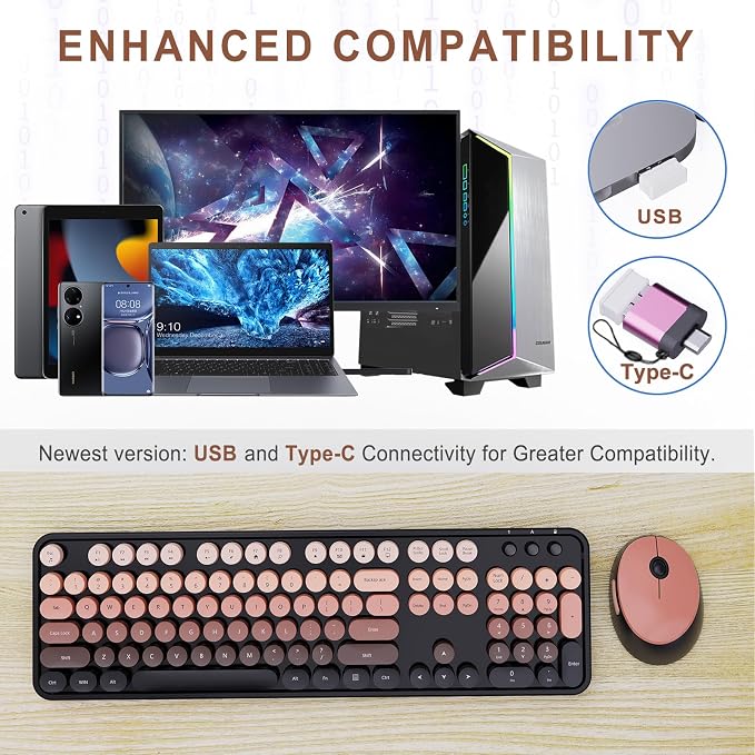 SkyGive Wireless Keyboard and Mouse Combo, Ergonomic Full Size Typewriter Retro Round Keycaps Keyboard, Compatible with Windows, PC, Perfer for Home and Office Keyboards (Aurora Red)