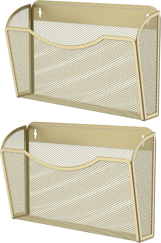 MINDEPOT Wall File Organizer, Hanging Wall File Holder, 2 Pack, Gold | Heavy Duty Iron, Metal Mesh Wall Mount, Single Pocket, Mail Organizer, for Office School Classroom Home, Letter A4 Size