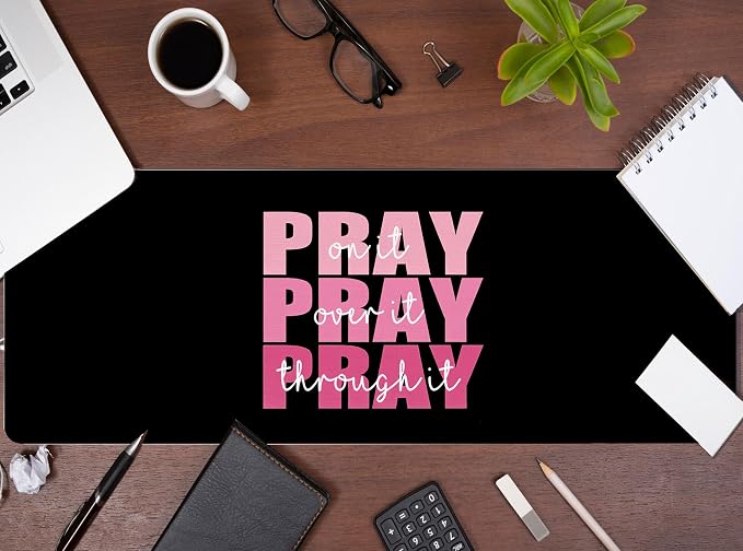 Christian Mouse Pad Black and Pink Desk Mat, Pray Over it Religious Large Computer Mouse Pad for Desk, Jesus Long Aesthetic Desktop Mats for Desk Office, Christian Church Gifts 31.5x11.8